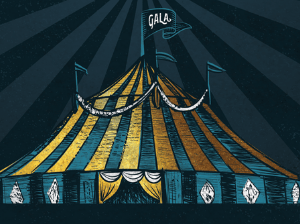 A blue and yellow striped circus tent appears under "Believe in Brookline Kids" written in vintage gold lettering
