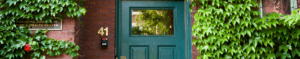 Website header image featuring the front door of The Brookline Center