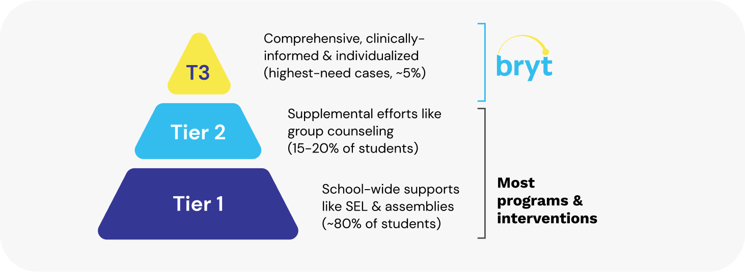 Most programs and interventions have Tier 1: School-wide supports like SEL and assemblies (~80% of students) and Tier 2: Supplemental efforts like group counseling (15-20% of students). Bryt also has Tier 3: Comprehensive, clinically-informed and individualized support (highest-need cases, ~5%).